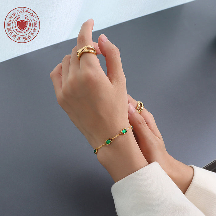 Square Emerald Green Zircon Station Bracelet Gold Or Steel