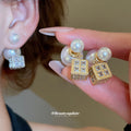 Pearl and Crystal Square Reversible Stud Earrings with Polished Details view 1