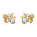 Gold-Tone Ribbed Bow Pearl Oval Clear Stone Stud Earrings view 5