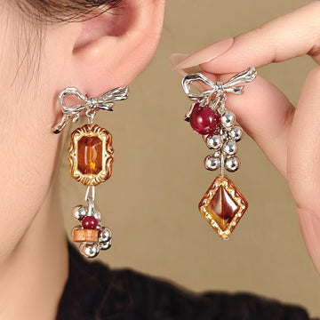 Mismatched Bow Amber Bead Cluster Long Stud Earrings