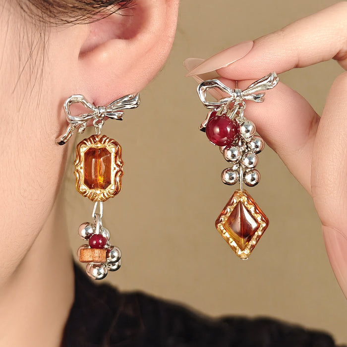 Mismatched Bow Amber Bead Cluster Long Stud Earrings