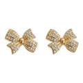 Gold Tone Clear Stone Pave Sculpted Ribbon Bow Stud Earrings view 5
