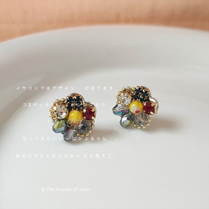 Gold Tone Multicolor Faceted Stone Flower Cluster Stud Earrings