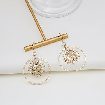 Gold Sun Face Open Round Celestial Long Hook Earrings