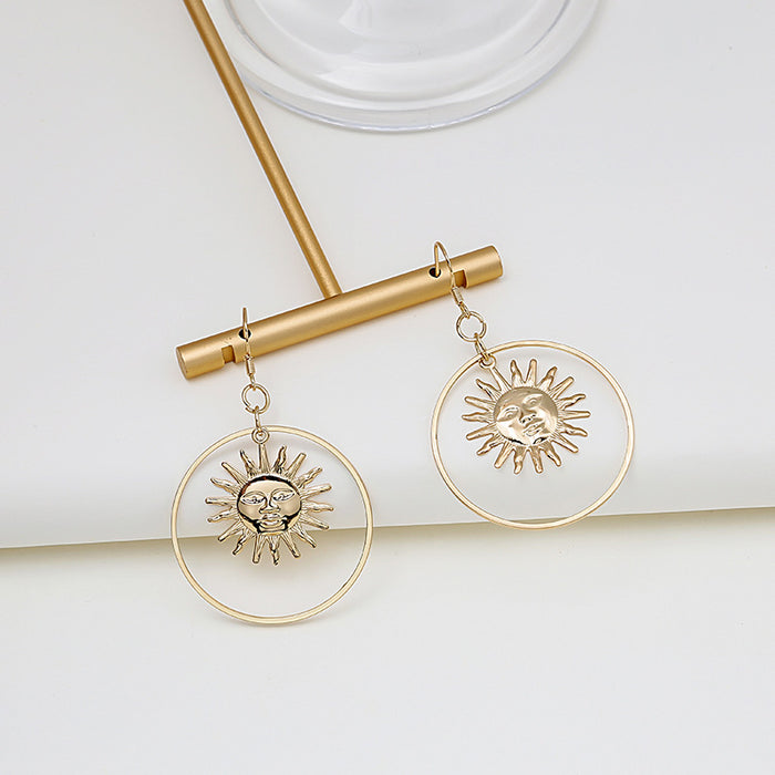 Gold Sun Face Open Round Celestial Long Hook Earrings