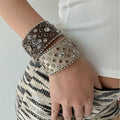 Leather Rhinestone Stud Snap Cuff Bangle White Cream view 1