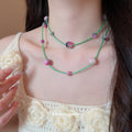 Green Seed Bead Necklace with Pink and Purple Round Beads view 3