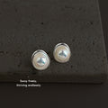 Silver Tone Irregular Oval White Pearlescent Center Stud Earrings view 3
