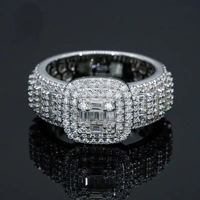 Silver Tone Square Cushion Halo Baguette Full Pave Band Ring