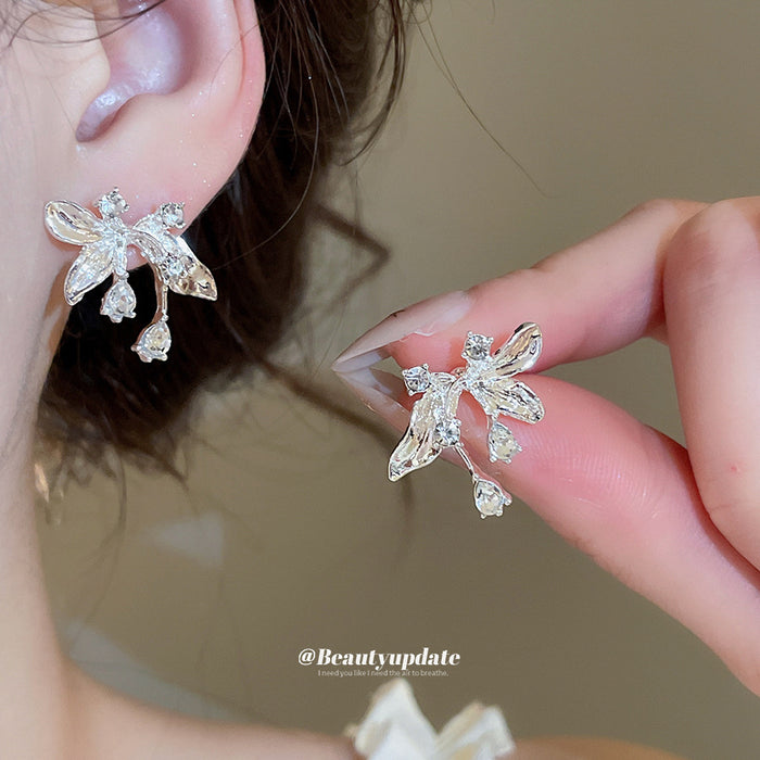 Silver Crystal Leaf Stud Earrings with Clear Floral Branch Design