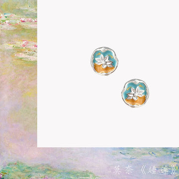 Silver Tone Blue Orange And White Flower Round Enamel Stud Earrings