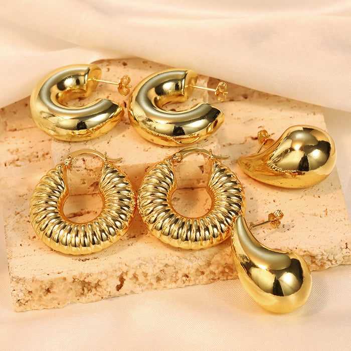 Chunky Metal Teardrop C-Hoop and Ribbed Hoop Earrings
