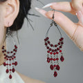 Burgundy Beaded Chandelier Hook Earrings in Black Tone view 1