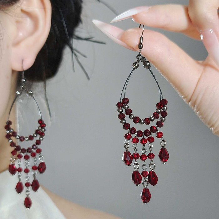 Burgundy Beaded Chandelier Hook Earrings in Black Tone