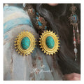 Gold Sunburst Oval Stud Earrings Turquoise Crackle Centers view 3