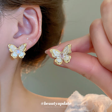 Gold Tone Butterfly Stud Earrings with Pink Crystal Centers