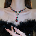 Red Teardrop And Multicolor Leaf Crystal Necklace And Earrings In Silver Tone view 3