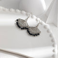 Silver Tone Fan Black Bead Fringe Long Hook Earrings view 3