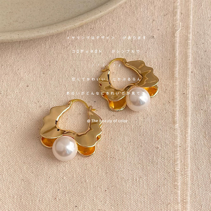 Gold Wavy Flower Open Hoop Earrings Pearl Accent Pair