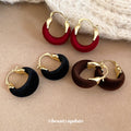 Gold Tone Hoop Earrings With Red and Black Velvet With Polished Metal Details view 3