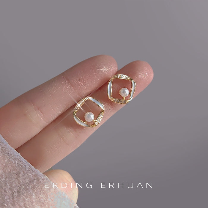 Gold Square Frame Pearl Mother of Pearl Stud Earrings