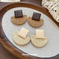 Wood Square and Woven Semicircle Statement Stud Earrings view 2