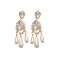 Gold Tone Teardrop Crystal Earrings With Pearl Tassels view 5