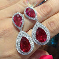 Red Double Pear-Shaped Halo Drop Earrings In Silver Tone view 1