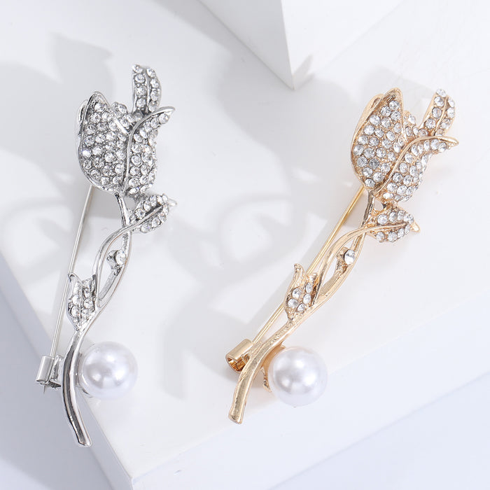Clear Rhinestone Tulip Brooch Pearl Stem Silver or Gold