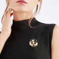 Openwork Camellia Brooch With White Pearl and Gold Tone Petals view 2