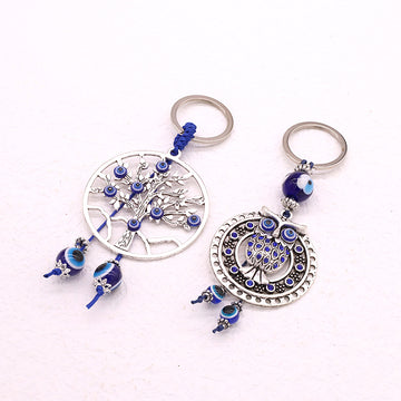 Silver Tone Owl and Tree of Life Evil Eye Split Ring Keychains