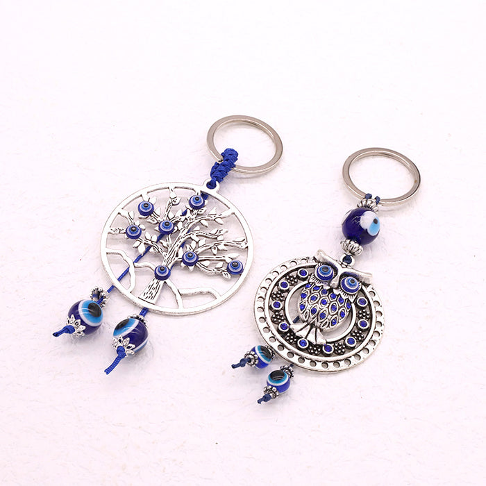Silver Tone Owl and Tree of Life Evil Eye Split Ring Keychains