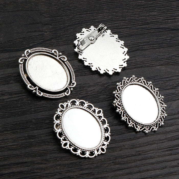 Three Ornate Silver Tone Oval Brooch Cabochon Setting Designs