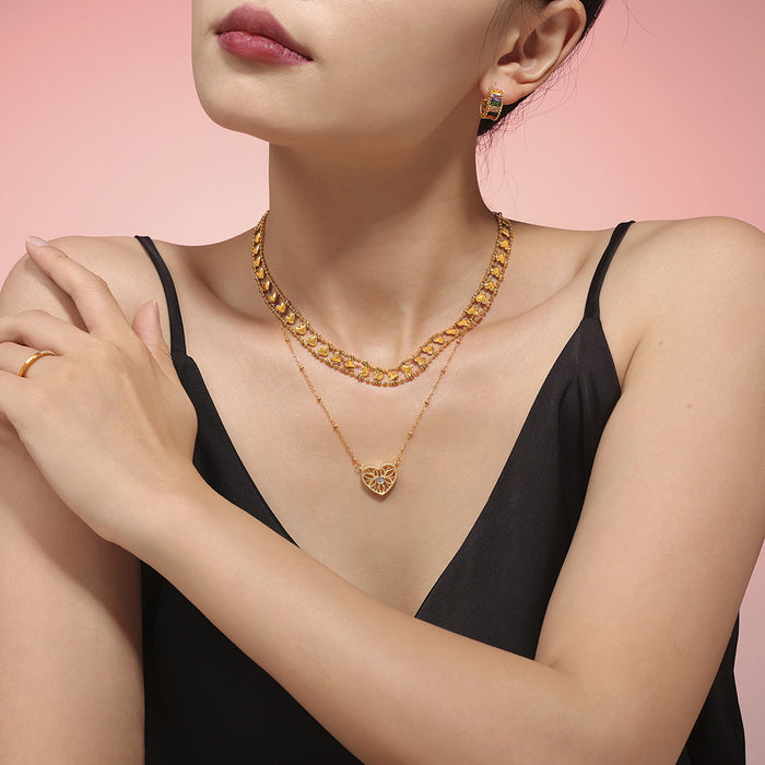 Gold Dual Heart Link Choker And Filigree Heart Necklace