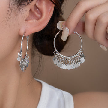Silver Tone Large Hoop Disc Fringe Statement Earrings