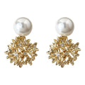 Gold Tone White Pearl Top Open Hydrangea Flower Stud Earrings view 5