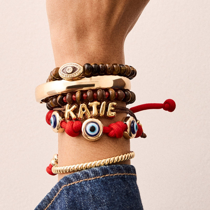 Red Knotted Cord Bracelet with Five Evil Eye Stations