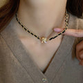 Gold Tone Black Leather Weave Chain Necklace Rhinestone Ball Clasp view 6