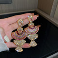Gold Pink Tiered Fan Crystal Dangle Statement Earrings view 6