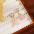 Pink Irregular Stone Look Gold Dangle Stud Earrings view 2