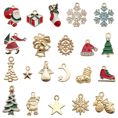 Colorful christmas tree charms arranged on a light background
