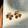 Cream Pearl Amber Brown Enamel Flower Drop Earrings view 1