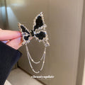 Black Butterfly Brooch With Silver Tone Edges And Draped Chains view 3