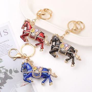 Enamel Rhinestone Horse Keychain Gold Clasp Wine Blue Black