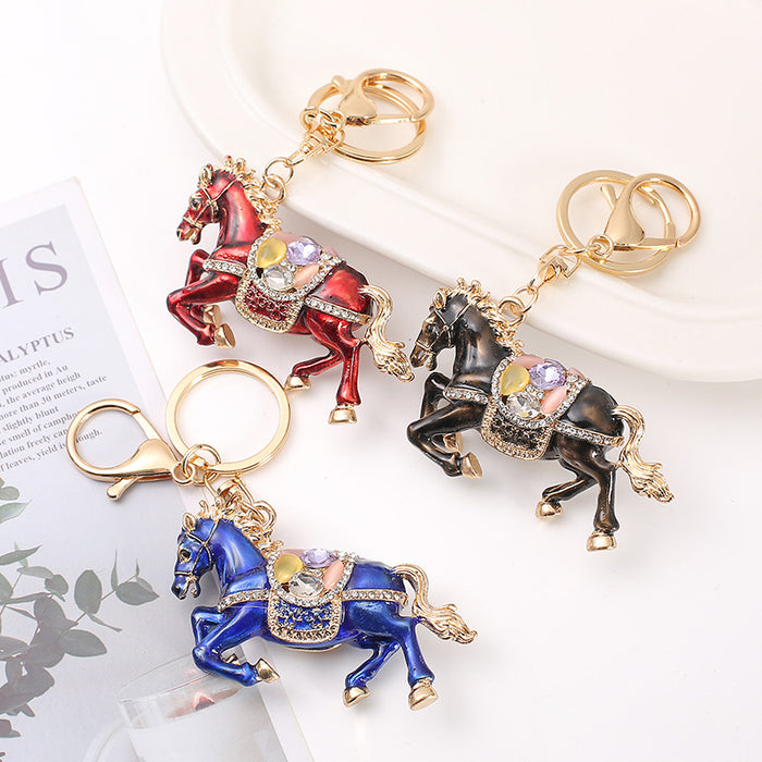 Enamel Rhinestone Horse Keychain Gold Clasp Wine Blue Black