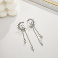 Silver Crescent Moon Star Crystal Chain Drop Earrings view 2