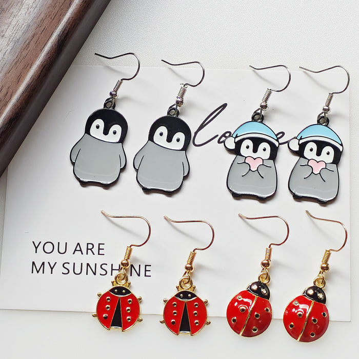 Enamel Penguin and Ladybug Drop Earrings 4 Color Styles