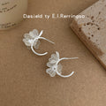 Silver Tone Wire Petal Flower Wraparound Stud Earrings view 1