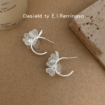 Silver Tone Wire Petal Flower Wraparound Stud Earrings
