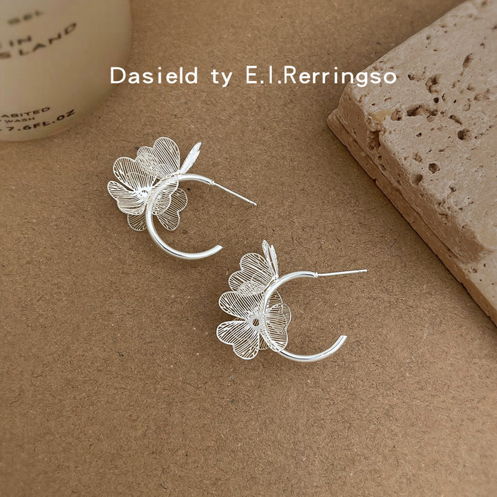 Silver Tone Wire Petal Flower Wraparound Stud Earrings